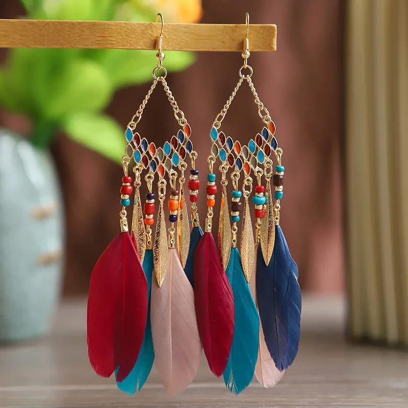Ethnic Fashion Girls - Богемные этнические серьги-подвески с перьями для
